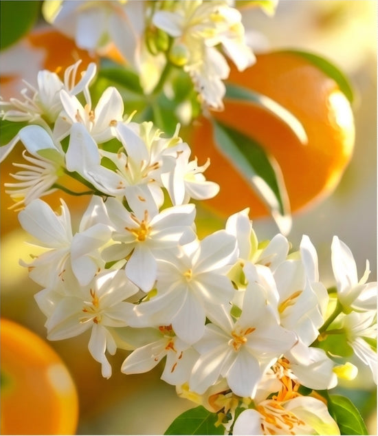 Close-up of white flowers and blossoms with orange fruits in the background - Amazonian Amour fragrance - Haute Parfumerie for hair - Beauty Disrupted