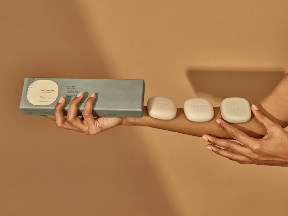 A complete solid ritual, reduced for movement, including Solid Shampoo, Conditioner and Mask, and Body Treatment 