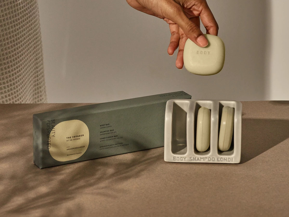 Handcrafted ceramic mini TRIO holder and Voyager travel kit for solid shampoo and conditioner bars.